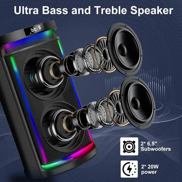 Alt view image 2 of 7 - Machine for Adults with Dual 6.5-Inch Subwoofers and 2 Wireless Microphones, Portable Bluetooth Karaoke Speaker with Bass/Treble Adjustment, LED Lights, Supports TWS/USB/TF/REC/FM/AUX