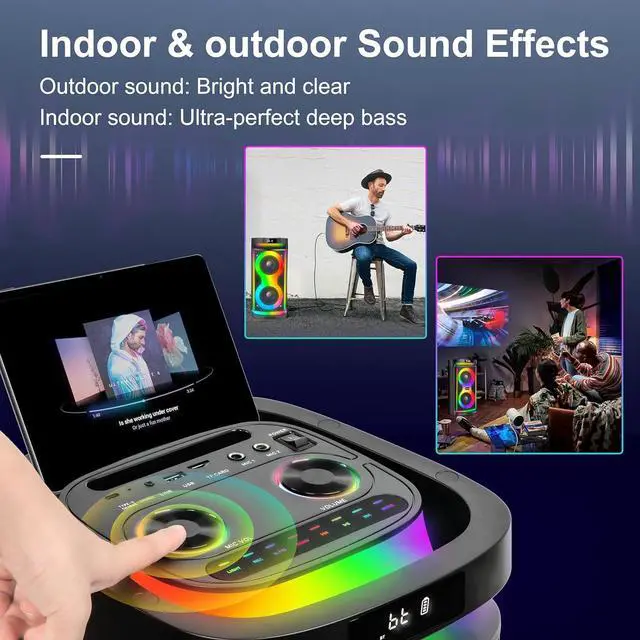 Alt view image 3 of 7 - Machine for Adults with Dual 6.5-Inch Subwoofers and 2 Wireless Microphones, Portable Bluetooth Karaoke Speaker with Bass/Treble Adjustment, LED Lights, Supports TWS/USB/TF/REC/FM/AUX