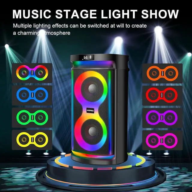 Alt view image 5 of 7 - Machine for Adults with Dual 6.5-Inch Subwoofers and 2 Wireless Microphones, Portable Bluetooth Karaoke Speaker with Bass/Treble Adjustment, LED Lights, Supports TWS/USB/TF/REC/FM/AUX