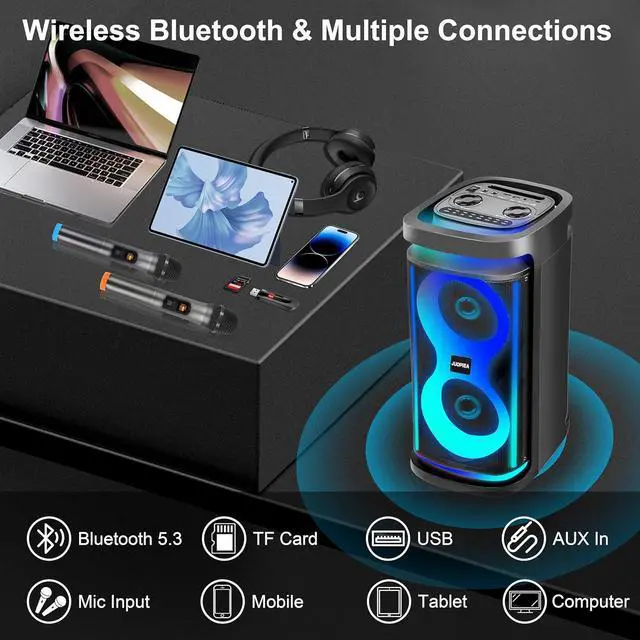 Alt view image 6 of 7 - Machine for Adults with Dual 6.5-Inch Subwoofers and 2 Wireless Microphones, Portable Bluetooth Karaoke Speaker with Bass/Treble Adjustment, LED Lights, Supports TWS/USB/TF/REC/FM/AUX