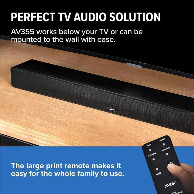 Alt view image 7 of 7 - Dialogue Clarifying Sound Bar with Patented Hearing Technology - Low-Profile, Twelve Levels of Voice Boost - Home Theater Audio TV Speakers Soundbar with AccuVoice - AV355 Black