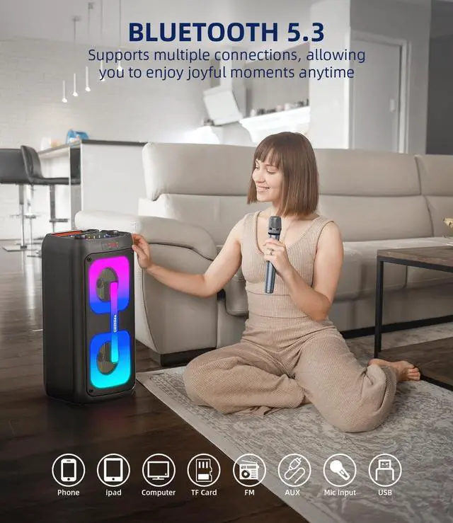 Alt view image 2 of 7 - Machine for Adults with 2 Wireless Microphones, Portable Bluetooth Speaker PA System with Dicso Lights for Big Pary, Stage Subwoofers, Outdoor, Ideal Gifts for Family, Music Lover