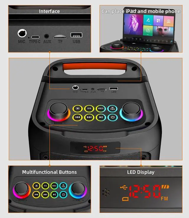 Alt view image 7 of 7 - Machine for Adults with 2 Wireless Microphones, Portable Bluetooth Speaker PA System with Dicso Lights for Big Pary, Stage Subwoofers, Outdoor, Ideal Gifts for Family, Music Lover