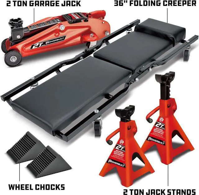 Alt view image 2 of 7 - 6 Piece Car Jack and Garage Creeper Service Set, 2 Ton Vehicle Lift, Jackstands, Folding Creeper, Wheel Chocks, Car Repair Garage Equipment - 640816, Large, Red