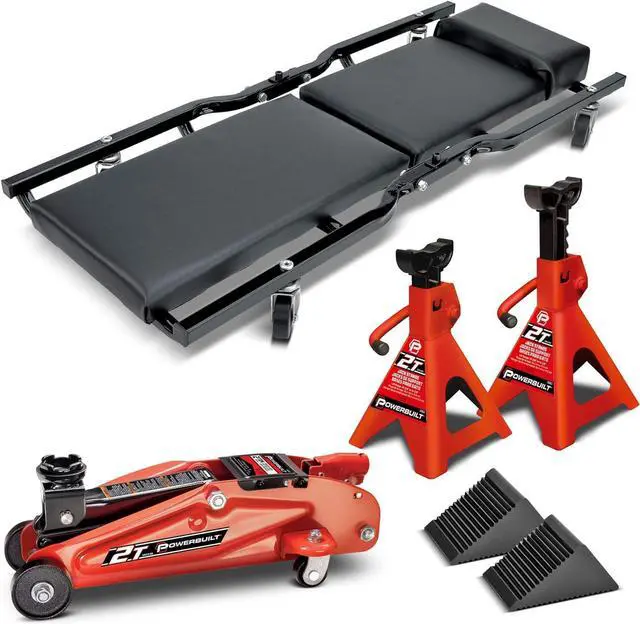 Main image of 6 Piece Car Jack and Garage Creeper Service Set, 2 Ton Vehicle Lift, Jackstands, Folding Creeper, Wheel Chocks, Car Repair Garage Equipment - 640816, Large, Red