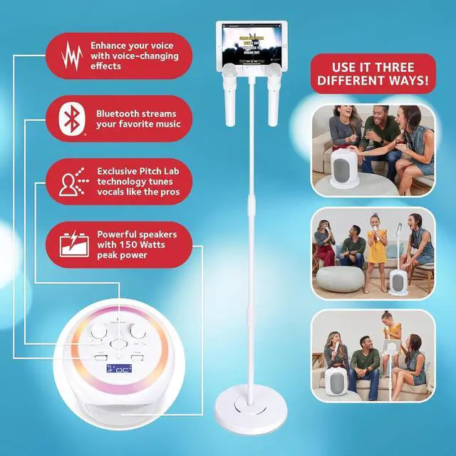 Alt view image 3 of 7 - Singing Machine Portable Karaoke Machine for Adults & Kids with 2 Wireless Microphones, Home Stage (White) - Built-in Karaoke Speaker, Bluetooth with LED Lights - Karaoke System with Voice Enhancer