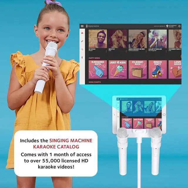 Alt view image 5 of 7 - Singing Machine Portable Karaoke Machine for Adults & Kids with 2 Wireless Microphones, Home Stage (White) - Built-in Karaoke Speaker, Bluetooth with LED Lights - Karaoke System with Voice Enhancer