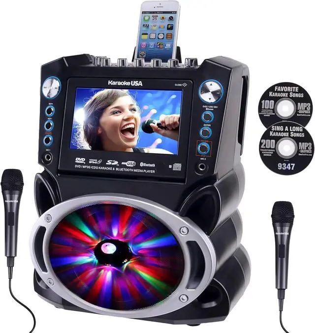 Main image of Machine with Lyrics Display 7" Screen. CD+G, DVD, MP3+G, MP3, CD & USB. Wireless Bluetooth Speaker with LED Disco Lights. Includes 2 Wired Microphones and 2 Bonus Karaoke Discs By Karaoke USA
