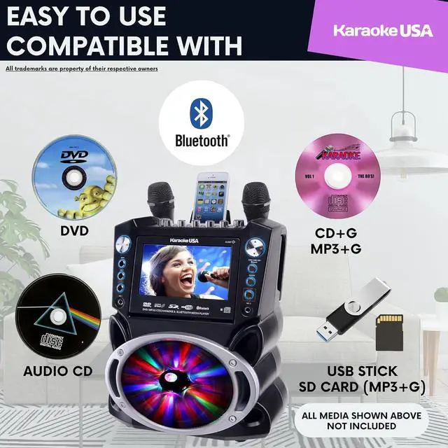 Alt view image 2 of 7 - Machine with Lyrics Display 7" Screen. CD+G, DVD, MP3+G, MP3, CD & USB. Wireless Bluetooth Speaker with LED Disco Lights. Includes 2 Wired Microphones and 2 Bonus Karaoke Discs By Karaoke USA