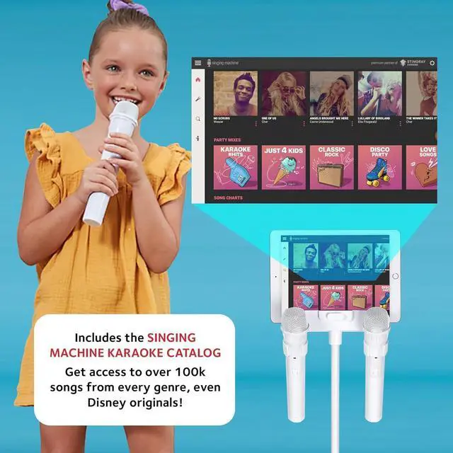 Alt view image 7 of 7 - Singing Machine Portable Karaoke Machine for Adults & Kids with 2 Wireless Microphones, Home Stage (White) - Built-in Karaoke Speaker, Bluetooth with LED Lights - Karaoke System with Voice Enhancer