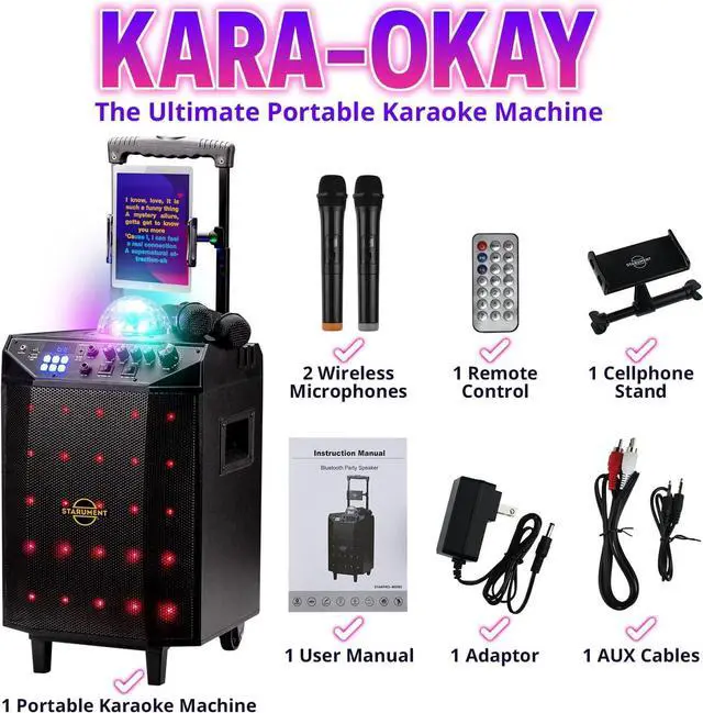 Alt view image 2 of 7 - Portable Karaoke Machine for Adults & Kids Complete Karaoke System Includes Bluetooth Speakers on Wheels, 2 Bluetooth Microphones, Disco Ball, LED Speaker Light, Cell Phone Stand & USB Aux