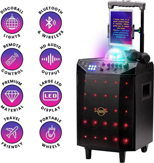 Alt view image 3 of 7 - Portable Karaoke Machine for Adults & Kids Complete Karaoke System Includes Bluetooth Speakers on Wheels, 2 Bluetooth Microphones, Disco Ball, LED Speaker Light, Cell Phone Stand & USB Aux