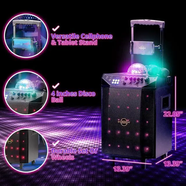 Alt view image 4 of 7 - Portable Karaoke Machine for Adults & Kids Complete Karaoke System Includes Bluetooth Speakers on Wheels, 2 Bluetooth Microphones, Disco Ball, LED Speaker Light, Cell Phone Stand & USB Aux