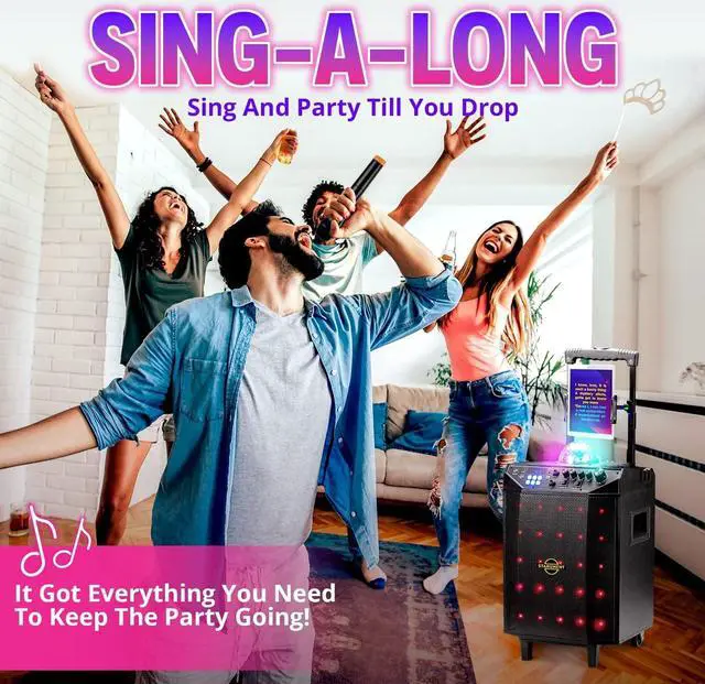 Alt view image 5 of 7 - Portable Karaoke Machine for Adults & Kids Complete Karaoke System Includes Bluetooth Speakers on Wheels, 2 Bluetooth Microphones, Disco Ball, LED Speaker Light, Cell Phone Stand & USB Aux