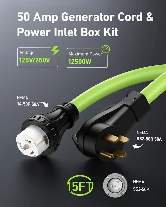 Alt view image 2 of 6 - 50 Amp Generator Cord and Power Inlet Box, 15 Feet RV Extension Cord, NEMA 14-50P/SS2-50R Twist Lock Connector,125/250V 12500W Generator Cable, 10 Gauge SJTW Generator to House Power Cord, ETL Listed