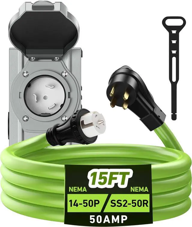 Main image of 50 Amp Generator Cord and Power Inlet Box, 15 Feet RV Extension Cord, NEMA 14-50P/SS2-50R Twist Lock Connector,125/250V 12500W Generator Cable, 10 Gauge SJTW Generator to House Power Cord, ETL Listed