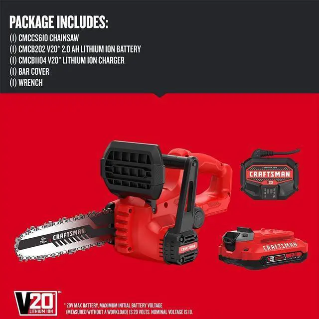 Alt view image 2 of 7 - V20 Mini Chainsaw, 10 inch, Battery and Charger Included (CMCCS610D1)