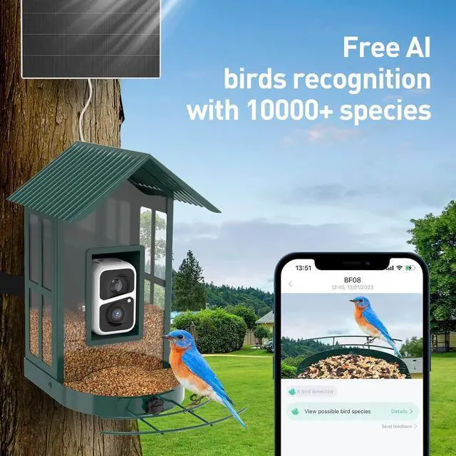 Alt view image 3 of 5 - BF08- Metal Solar Bird Feeder Camera with AI Identify Bird Species, Wild Bird Watching Cam, Live View, Instant Notifications with 5W Solar Panel