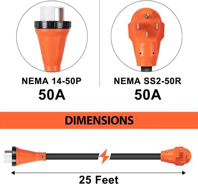 Alt view image 3 of 7 - 50 Amp 25FT RV Power Extension Cord with Cord Organizer, Heavy Duty NEMA 14-50P to SS 2-50R RV Twist Locking Adapter Plug for RV Camper and Generator to House,RV Gauge, ETL Listed