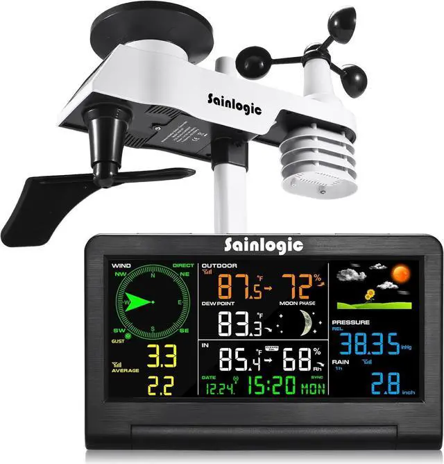 Main image of Weather Station Wireless Indoor Outdoor with Color Display, Weather Station with Rain Gauge and Wind Speed/Direction, Temperature, Humidity, Air Pressure, Forecast, Moon Phase, and Alarm