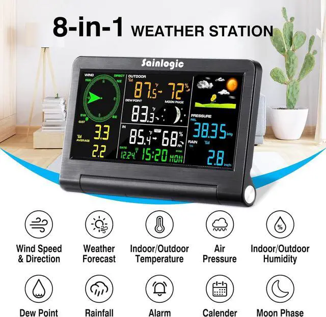 Alt view image 2 of 6 - Weather Station Wireless Indoor Outdoor with Color Display, Weather Station with Rain Gauge and Wind Speed/Direction, Temperature, Humidity, Air Pressure, Forecast, Moon Phase, and Alarm