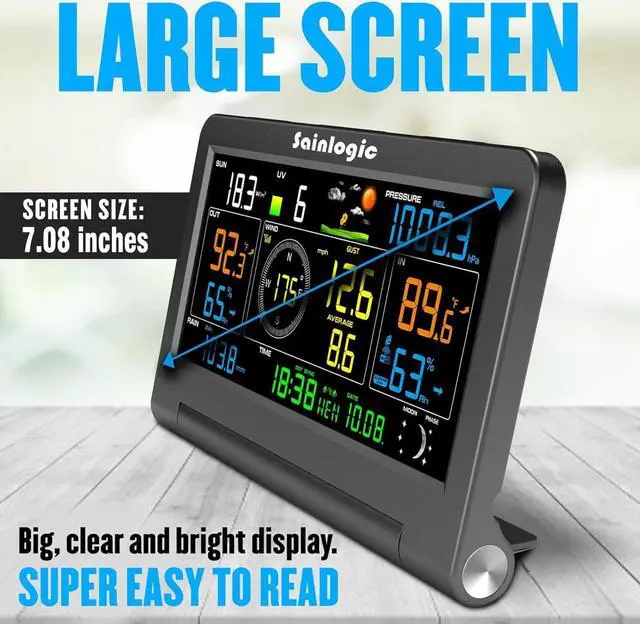 Alt view image 4 of 6 - Weather Station Wireless Indoor Outdoor with Color Display, Weather Station with Rain Gauge and Wind Speed/Direction, Temperature, Humidity, Air Pressure, Forecast, Moon Phase, and Alarm