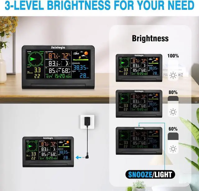 Alt view image 5 of 6 - Weather Station Wireless Indoor Outdoor with Color Display, Weather Station with Rain Gauge and Wind Speed/Direction, Temperature, Humidity, Air Pressure, Forecast, Moon Phase, and Alarm