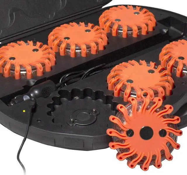 Alt view image 2 of 6 - Lights 6 Pack of Rechargeable 16 LED Road Flare Disc Warning Beacon Emergency Flares for the Car, Truck, Bike, RV Vehicles - Roadside Emergency Kit w/ Charger & Carrying Case Included