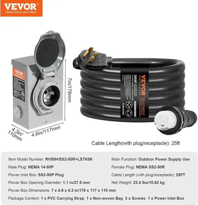 Alt view image 7 of 7 - 50 Amp Generator Cord and Power Inlet Box Kit, 25FT Generator Extension Cord NEMA 14-50P/SS2-50R STW 6/3+8/1 AWG with Twist Lock Connector, Pre-Drilled Inlet Box, ETL Listed