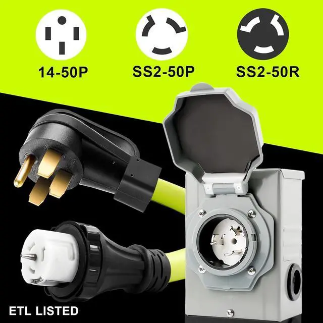 Alt view image 3 of 7 - 50 Amp Generator Cord 15FT and Power Inlet Box, NEMA 14-50P Male to SS2-50R 125/250V Twist Lock Connector with Pre-Drilled NEMA SS2-50P Generator Inlet Box for Generator to House, ETL Listed
