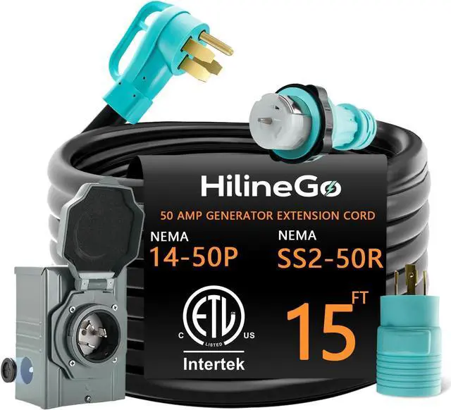 Main image of 50 Amp Generator Cord 15FT and Power Inlet Box, 125V/250V RV Power Cord, NEMA 14-50P/SS2-50R Twist Lock Connector, NEMA SS2-50P Generator Inlet Box, 30M/50F Adapter Included, ETL Listed