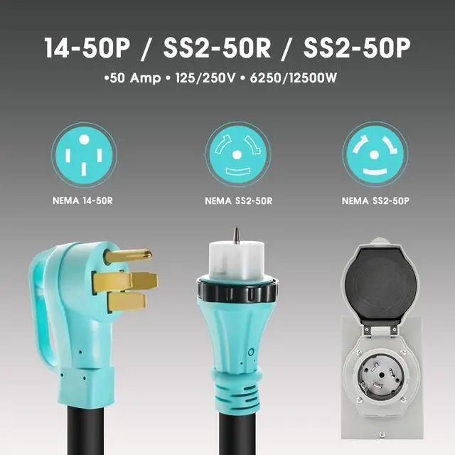 Alt view image 2 of 7 - 50 Amp Generator Cord 15FT and Power Inlet Box, 125V/250V RV Power Cord, NEMA 14-50P/SS2-50R Twist Lock Connector, NEMA SS2-50P Generator Inlet Box, 30M/50F Adapter Included, ETL Listed