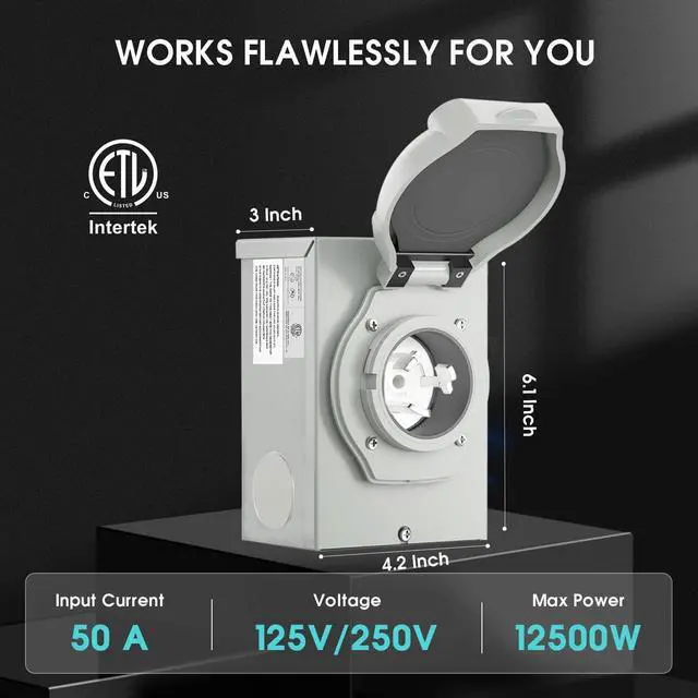 Alt view image 3 of 7 - 50 Amp Generator Cord 15FT and Power Inlet Box, 125V/250V RV Power Cord, NEMA 14-50P/SS2-50R Twist Lock Connector, NEMA SS2-50P Generator Inlet Box, 30M/50F Adapter Included, ETL Listed