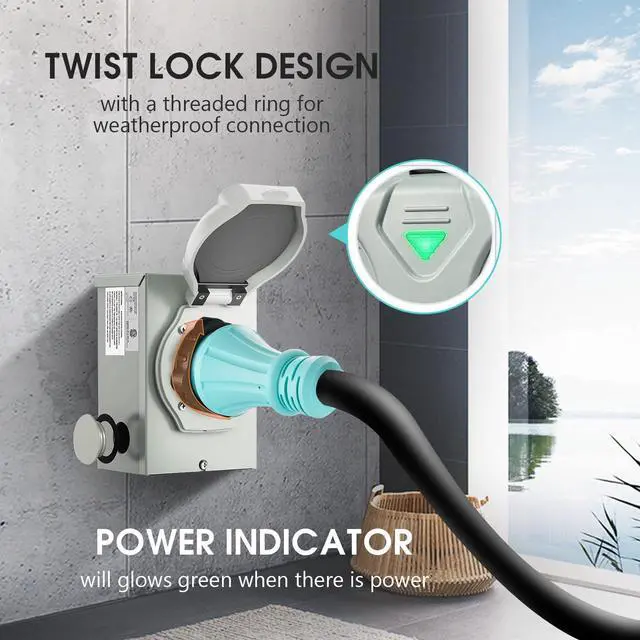 Alt view image 6 of 7 - 50 Amp Generator Cord 15FT and Power Inlet Box, 125V/250V RV Power Cord, NEMA 14-50P/SS2-50R Twist Lock Connector, NEMA SS2-50P Generator Inlet Box, 30M/50F Adapter Included, ETL Listed