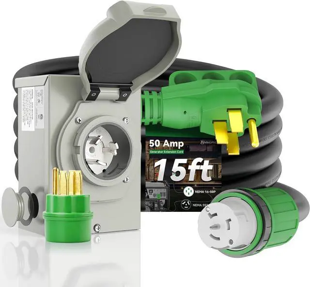 Main image of 50 Amp Generator Cord 15FT and Power Inlet Box, Pre-Drilled 50 Amp Generator Inlet Box with Cord, NEMA 14-50P to SS2-50R Generator Cord Waterproof Combo Kit, ETL Listed