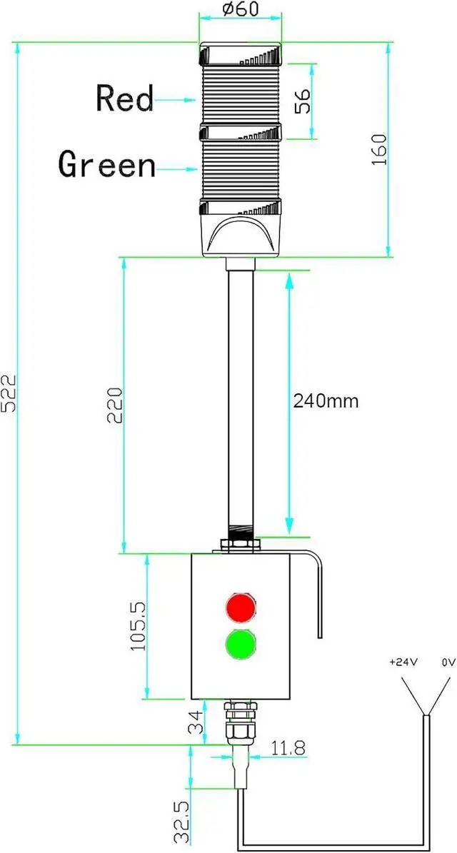Alt view image 5 of 7 - 2 Stack Super Bright LED Andon Tower Lights, Off-ON, 6 ft Industrial Adapter, Plug Play Ready