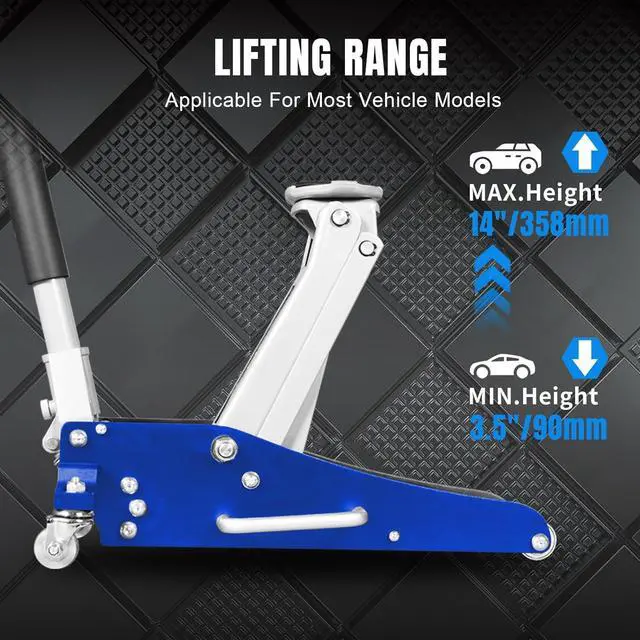 Alt view image 3 of 7 - T815016L Torin Hydraulic Low Profile Aluminum and Steel Racing Floor Jack with Dual Piston Quick Lift Pump, 1.5 Ton (3,000 lb) Capacity, Blue, T815016L