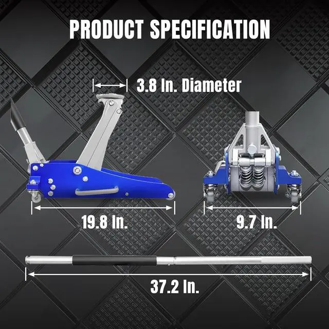 Alt view image 7 of 7 - T815016L Torin Hydraulic Low Profile Aluminum and Steel Racing Floor Jack with Dual Piston Quick Lift Pump, 1.5 Ton (3,000 lb) Capacity, Blue, T815016L