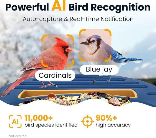 Alt view image 4 of 7 - Bird Feeder with Camera Solar Powered, Smart Bird Feeder Camera AI Identifies 11,000+ Bird Species, Auto-Capture 2.5K UHD Bird Video, IP66 Waterproof Outdoor Bird Feeder, Ideal Gift, Blue