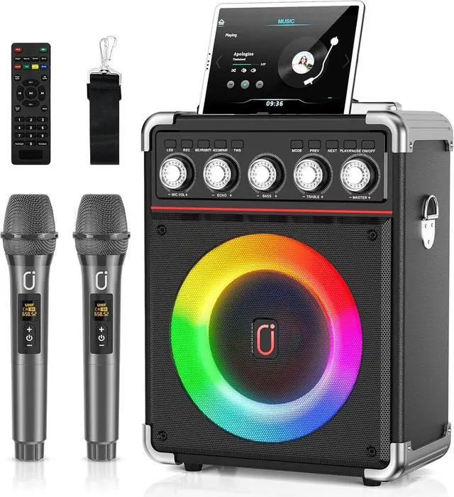 Main image of Machine with 2 Microphones: HWWR Portable Karaoke Machine for Adults Kids, Bluetooth Karaoke Speaker with Bass/Treble Adjustment, PA System with Remote Control/LED Lights, Support REC/USB/AUX