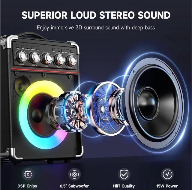 Alt view image 2 of 7 - Machine with 2 Microphones: HWWR Portable Karaoke Machine for Adults Kids, Bluetooth Karaoke Speaker with Bass/Treble Adjustment, PA System with Remote Control/LED Lights, Support REC/USB/AUX