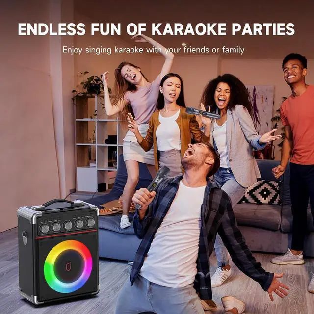 Alt view image 3 of 7 - Machine with 2 Microphones: HWWR Portable Karaoke Machine for Adults Kids, Bluetooth Karaoke Speaker with Bass/Treble Adjustment, PA System with Remote Control/LED Lights, Support REC/USB/AUX
