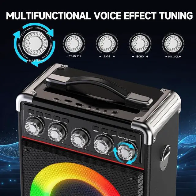 Alt view image 4 of 7 - Machine with 2 Microphones: HWWR Portable Karaoke Machine for Adults Kids, Bluetooth Karaoke Speaker with Bass/Treble Adjustment, PA System with Remote Control/LED Lights, Support REC/USB/AUX