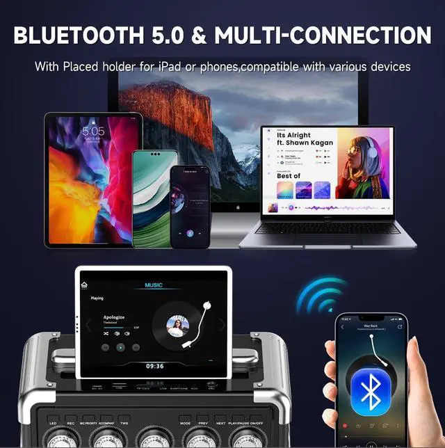 Alt view image 5 of 7 - Machine with 2 Microphones: HWWR Portable Karaoke Machine for Adults Kids, Bluetooth Karaoke Speaker with Bass/Treble Adjustment, PA System with Remote Control/LED Lights, Support REC/USB/AUX