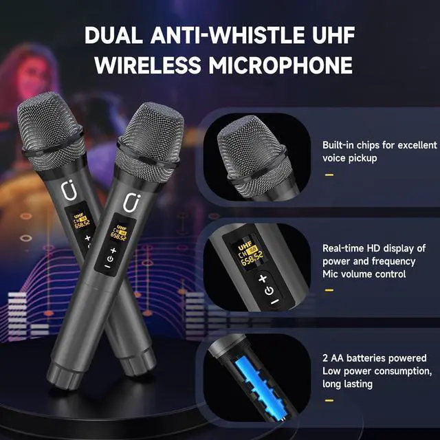 Alt view image 6 of 7 - Machine with 2 Microphones: HWWR Portable Karaoke Machine for Adults Kids, Bluetooth Karaoke Speaker with Bass/Treble Adjustment, PA System with Remote Control/LED Lights, Support REC/USB/AUX