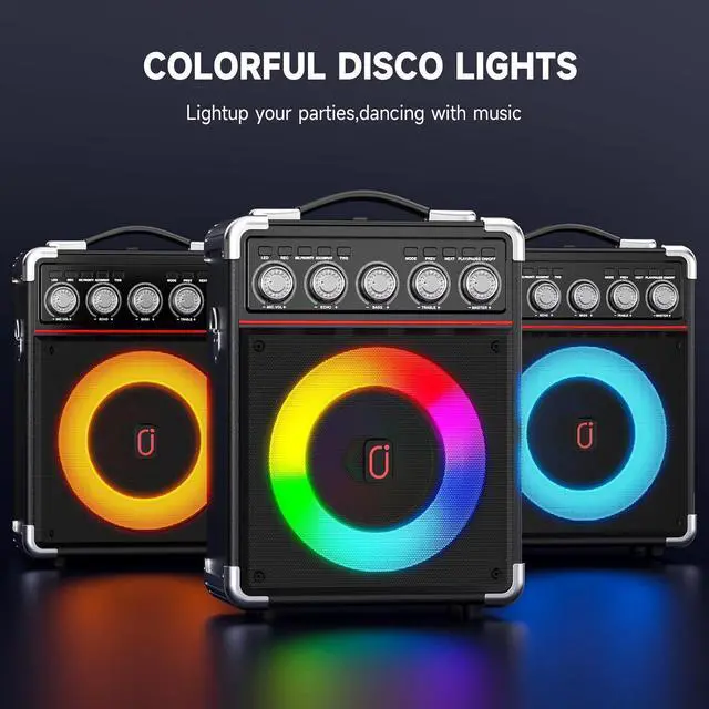 Alt view image 7 of 7 - Machine with 2 Microphones: HWWR Portable Karaoke Machine for Adults Kids, Bluetooth Karaoke Speaker with Bass/Treble Adjustment, PA System with Remote Control/LED Lights, Support REC/USB/AUX