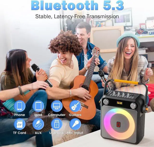 Alt view image 2 of 7 - Portable Bluetooth Speaker with 2 Wireless Microphones for Adults & Kids, Karaoke Microphone with PA System, Bass/Treble Adjustment, DJ Light for Home Party, Support USB/TF/AUX