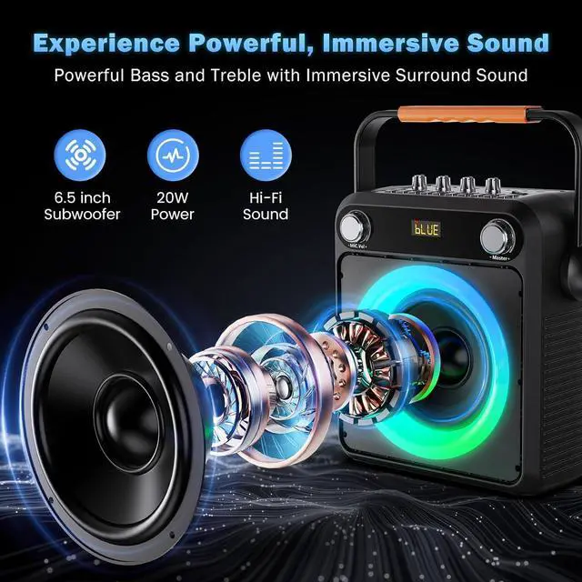 Alt view image 3 of 7 - Portable Bluetooth Speaker with 2 Wireless Microphones for Adults & Kids, Karaoke Microphone with PA System, Bass/Treble Adjustment, DJ Light for Home Party, Support USB/TF/AUX