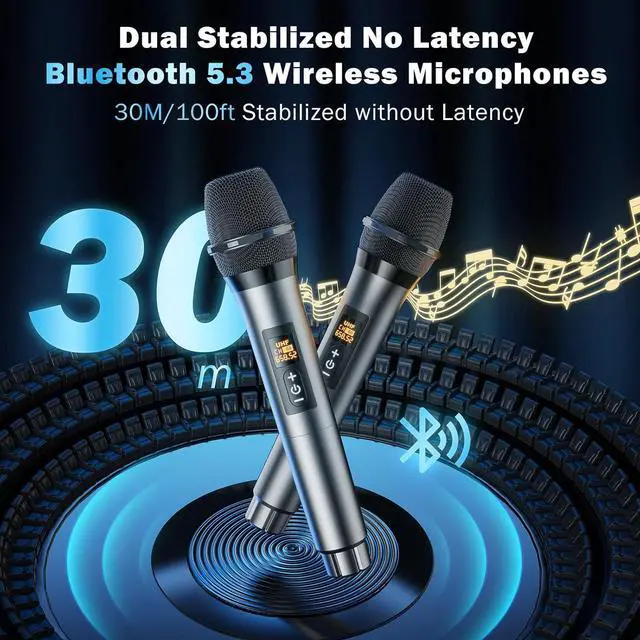 Alt view image 7 of 7 - Portable Bluetooth Speaker with 2 Wireless Microphones for Adults & Kids, Karaoke Microphone with PA System, Bass/Treble Adjustment, DJ Light for Home Party, Support USB/TF/AUX