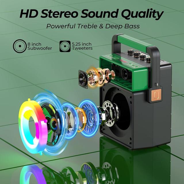 Alt view image 2 of 7 - Karaoke Machine with 2 Wireless Mics, Retro Bluetooth Speaker for Adults, PA Speaker System with Colorful LED Lights, Supports BT/USB/TF Card/AUX-in/MIC Input for Home Party